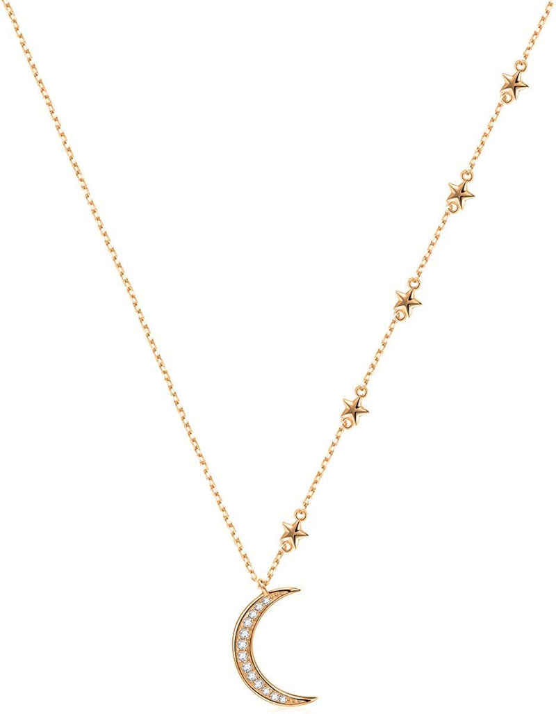 [Australia] - Savlano 14K Gold Plated Cubic Zirconia Round Cut Moon & Stars 18 Inches Pendant Chain Necklace for Women & Girls Yellow Gold 