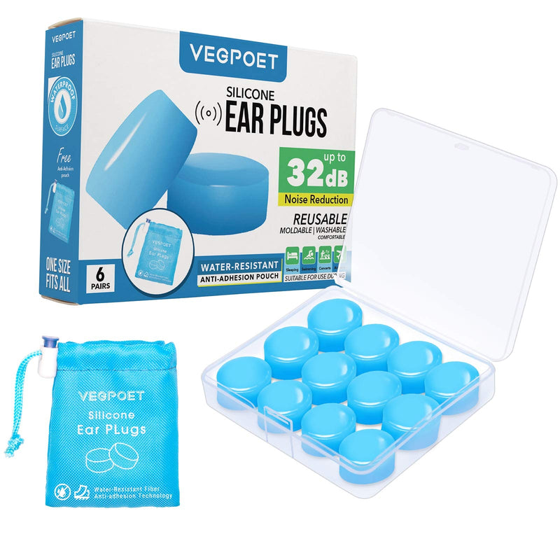 [Australia] - Ear Plugs for Sleeping - Vegpoet Reusable Moldable Silicone Earplugs Noise Cancelling Reduction for Concerts, Swimming, Shooting, Snoring, Airplane, Musicians, Motorcycle, 12 Pack 
