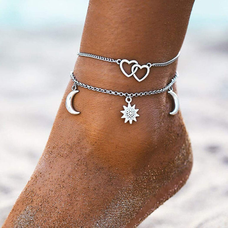[Australia] - Dresbe Vintage Layered Anklets Silver Heart Ankle Bracelet Sun and Moon Foot Chain Beach Foot Jewelry Accessories for Women and Girls 