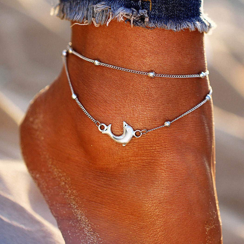[Australia] - Dresbe Boho Beach Dolphin Anklet Silver Layered Anklets Beaded Ankle Bracelet Animal Foot Jewelry Chain for Women and Girls 