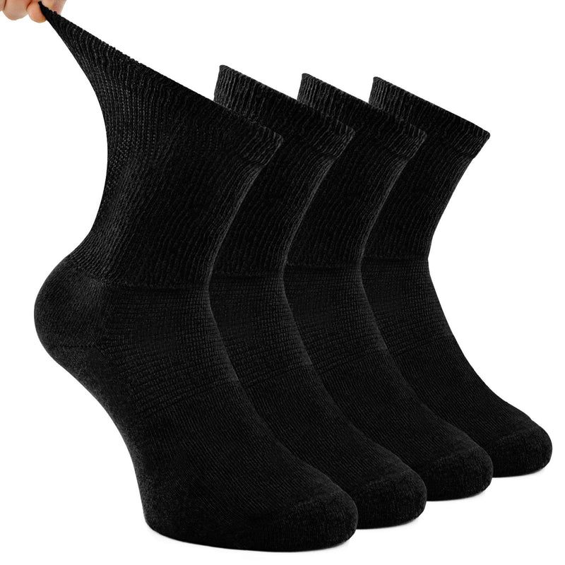 [Australia] - Busy Socks 4 Pack Non-binding Diabetic Socks for Men Women, Loose Top Crew Cotton Thick Cushion Socks 4 Pairs Black Large-X-Large 