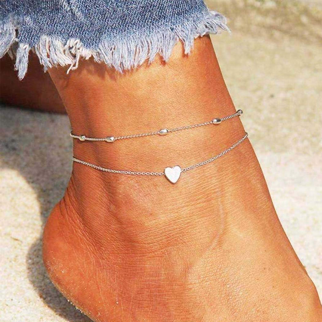 [Australia] - Ludress Boho Layered Anklets Silver Heart Ankle Bracelet Beaded Ankle Chain Beach Foot Chain Jewelry Accessories for Women and Girls 
