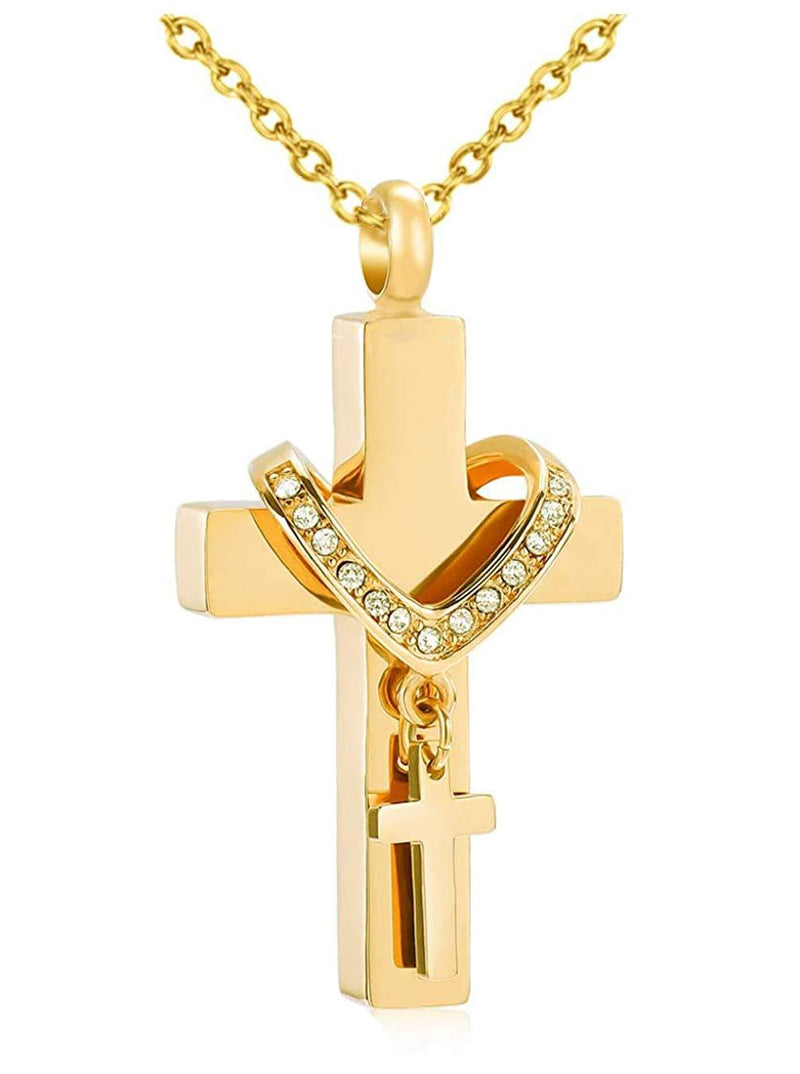 [Australia] - PREKIAR Cross Urn Necklaces for Ashes Urn Jewelry Memorial Pendant Cremation Keepsake with Fill Kit and Gift Box Double Cross - Gold 