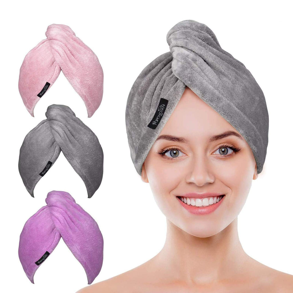 [Australia] - Microfiber Hair Towel Wrap POPCHOSE 3 Pack Ultra Absorbent, Fast Drying Hair Turban Soft, Anti Frizz Hair Wrap Towels for Women Wet Hair, Curly, Longer, Thicker Hair Gray, Pink, Purple 
