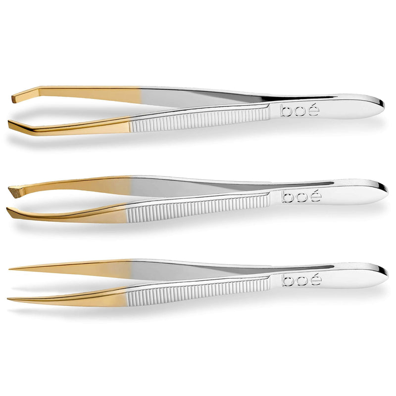 [Australia] - Boé Perel Eyebrow Tweezer Set - Flat Square Tip and Sharp Point Tip Professional Swiss Grip Tweezers Hair Removal Tool, Set of 3 Tweezer Set - Point, Square, Slant 