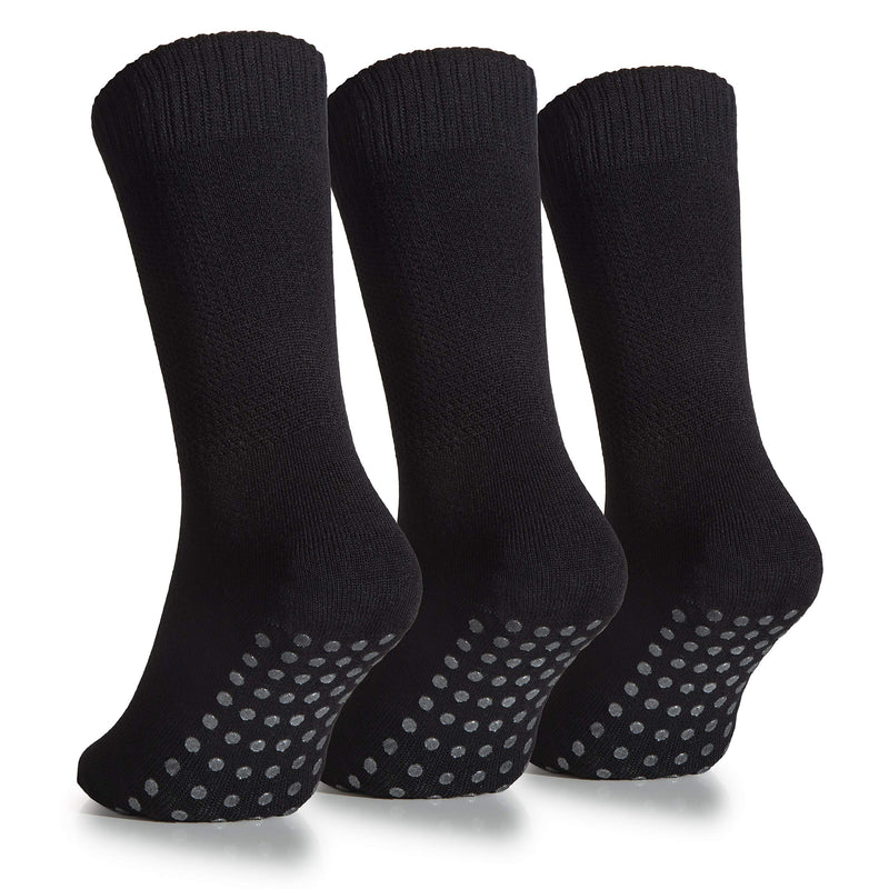 [Australia] - Hugh Ugoli Women's Bamboo Non Slip Grip Diabetic Crew Socks Thin Non Skid Hospital Socks With Seamless Toe, 3 Pairs 6-9 Black 