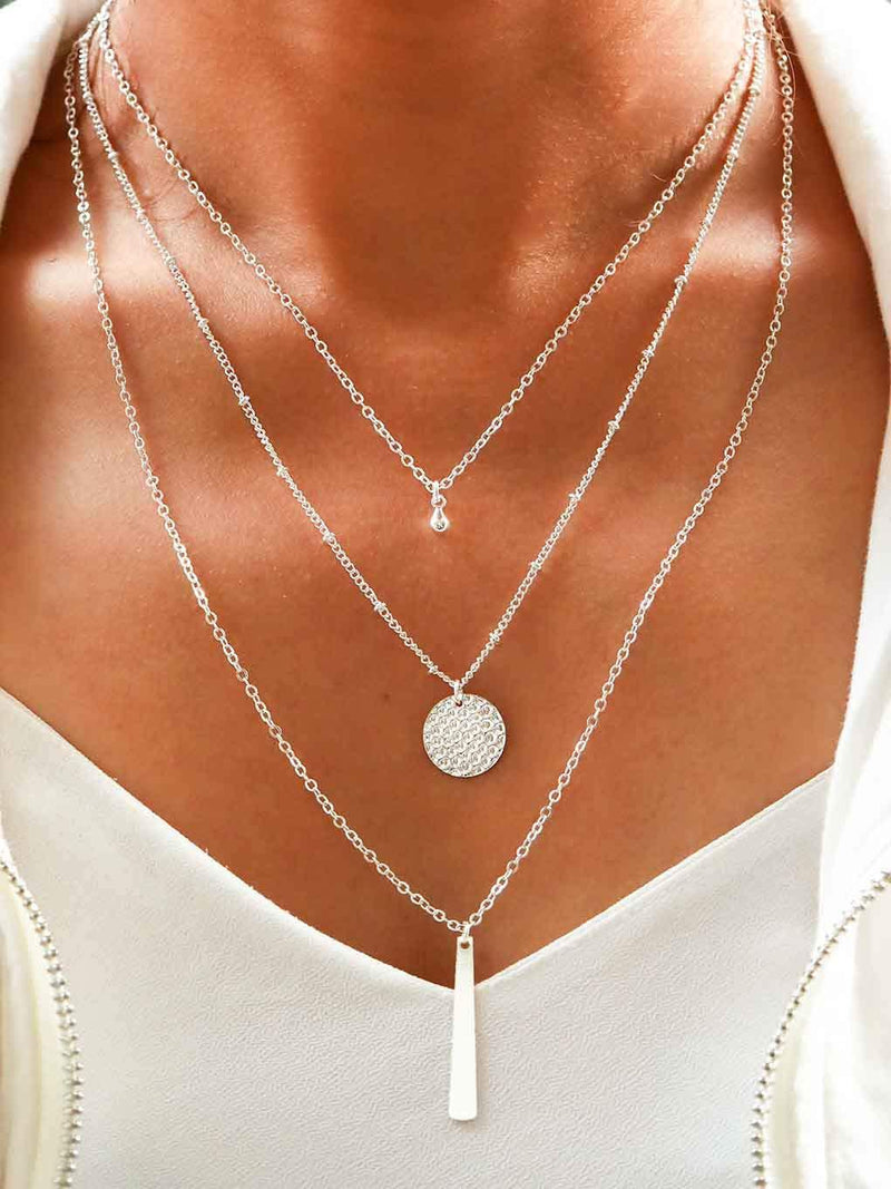 [Australia] - Bomine Layered Bar Necklace Chain Disc and Beaded Pendant Necklaces Jewelry Chains for Women and Girls (Silver) Silver 