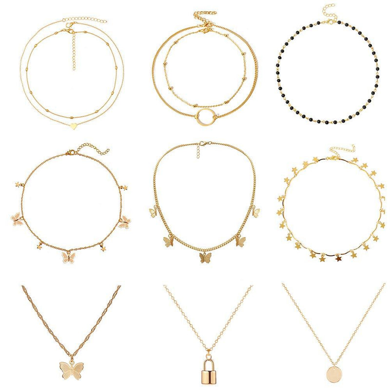 [Australia] - MELLIFO 9PCS Butterfly Choker Necklace Gold Silver Layered Chain Dainty Choker Pendant Necklaces for Women Girls 