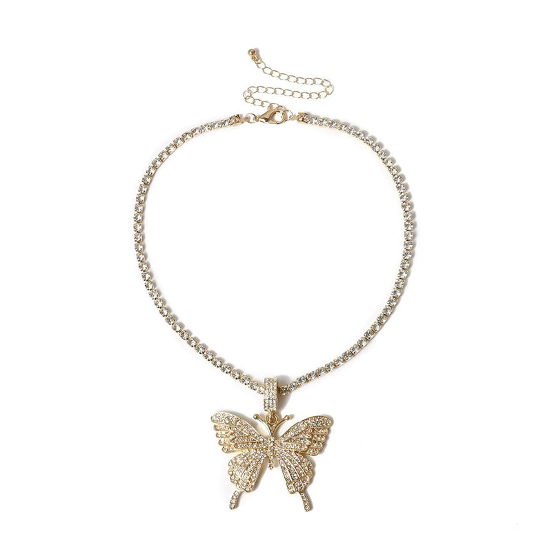 [Australia] - The Woo's Rhinestone Butterfly Necklace Tennis Chain Hip Hop Bling Animal Butterfly Iced Out Crystal Collar Butterfly Pendant Necklace for Women Girl Rock Jewelry gold 