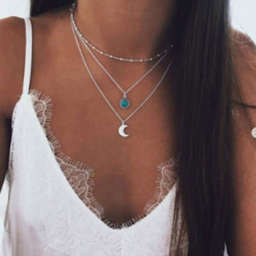 [Australia] - Adflyco Boho Layered Turquoise Necklace Silver Moon Pendant Necklaces Chain Jewelry Adjustable for Women and Girls 