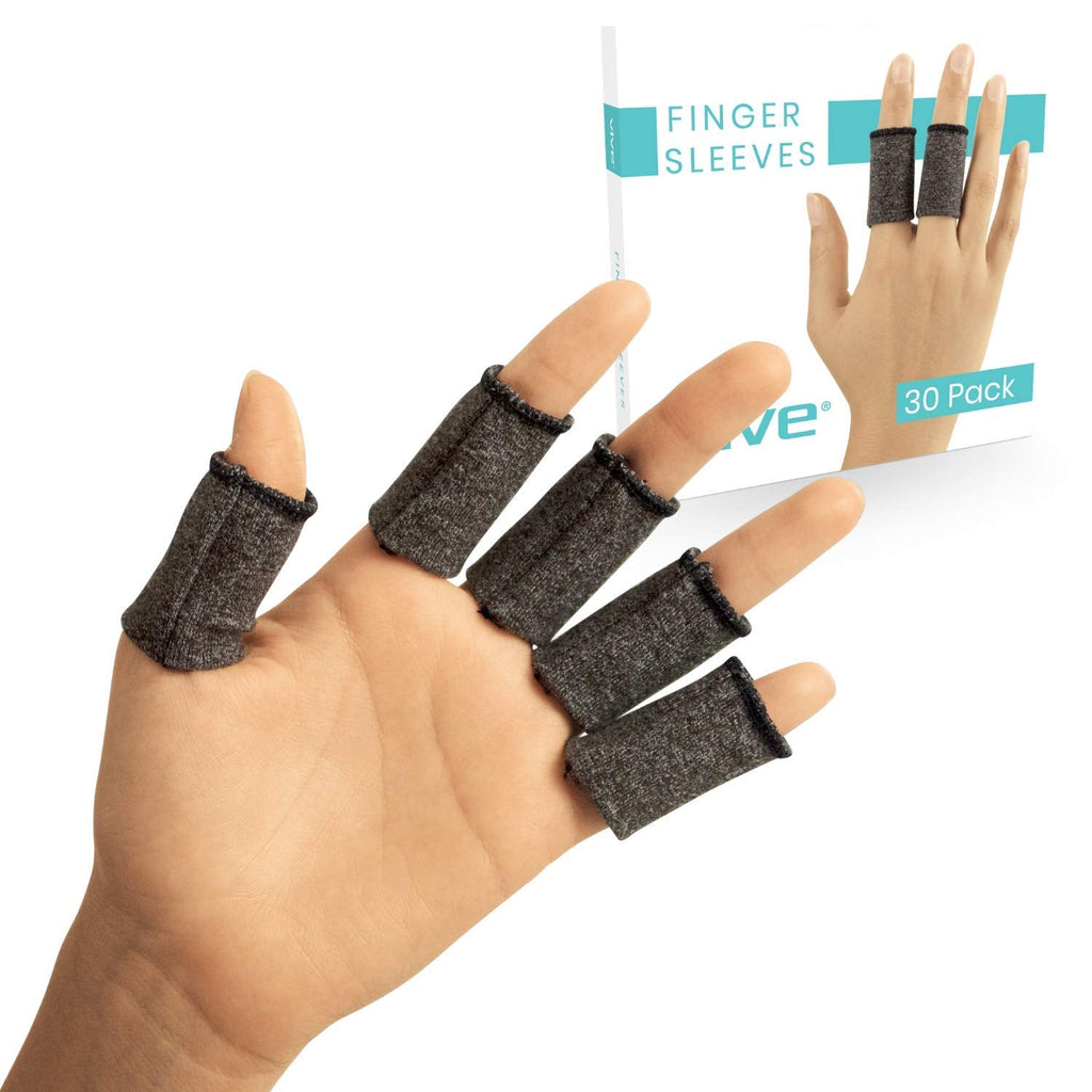 [Australia] - Vive Finger Sleeve Protectors (30 Pack) - Thumb Support Brace for Gaming, Guitar Players - For Trigger Finger Joint, Arthritis, Wounds, Sport Injury and Joint Pain - Fabric Guard for Pinky and Index Gray 