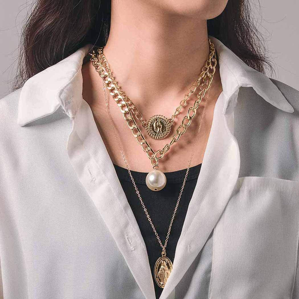 [Australia] - Aetorgc Punk Layered Thick Necklace Chain Gold Pearl Pendant Necklaces Medallion and Virgin Mary Necklace Jewelry for Women and Girls 