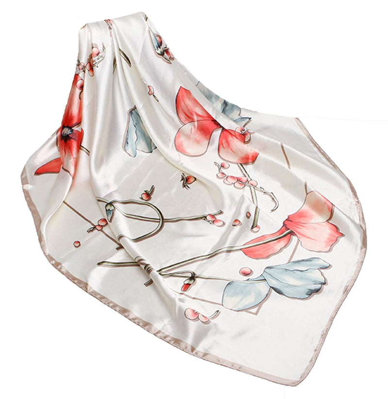 [Australia] - Wander Agio Silk Feeling Scarf Womens Fashion Printing Scarves Pattern Square Satin Face Headscarf Butterfly Flower Beige 26 