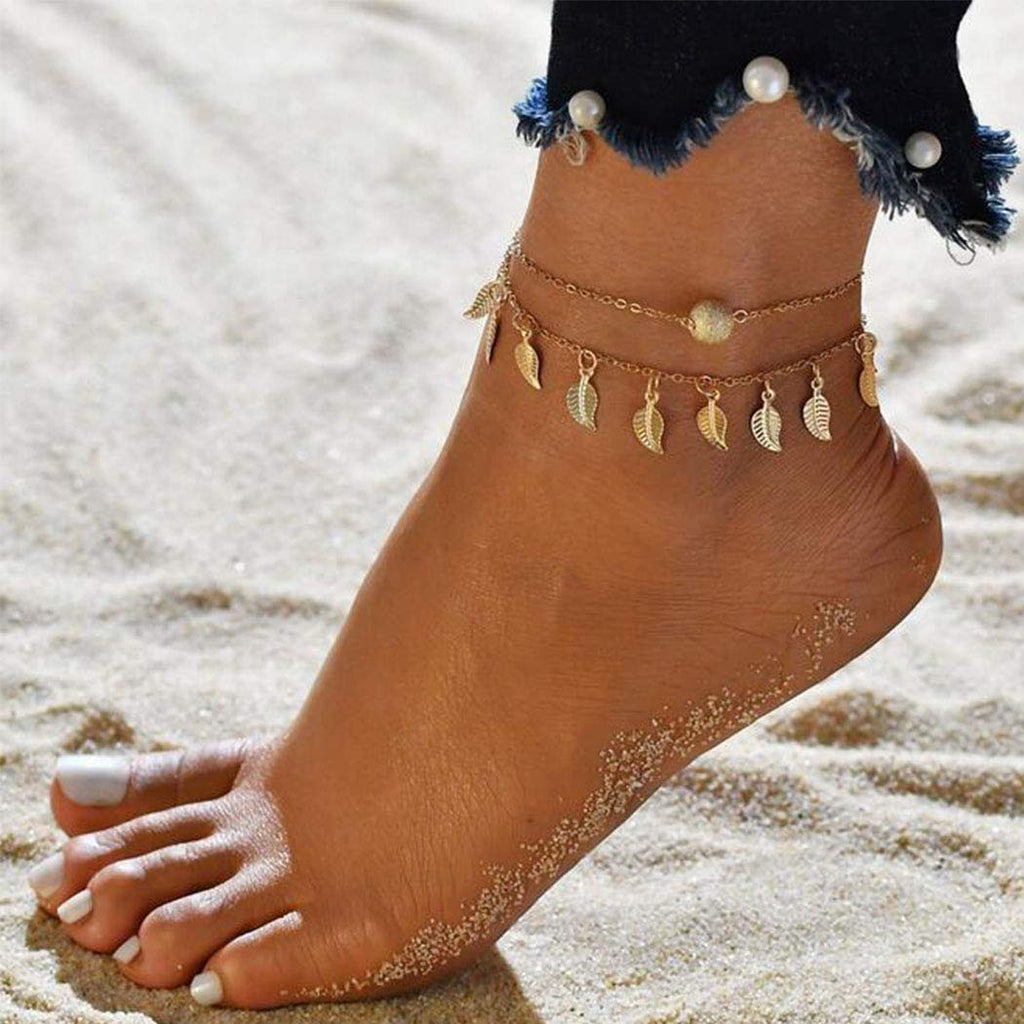 [Australia] - Gemily Boho Double Layered Leather Pendent Anklets Beach Bell Foot Bracelets Jewelry for Women and Girls (Gold) Gold 