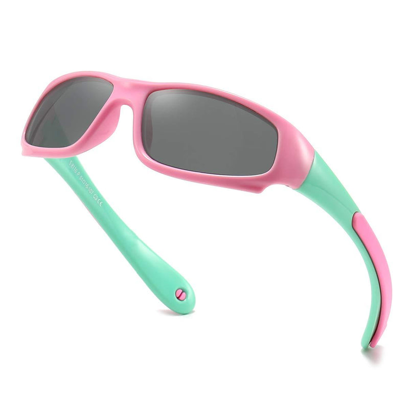 [Australia] - Dollger Kids Polarized Sports Sunglasses Rubber Flexible Frames With Strap Toddler Sunglasses for Boys Girls Age 3-10 Pink Frames Green Glasses Legs/Grey Lens 
