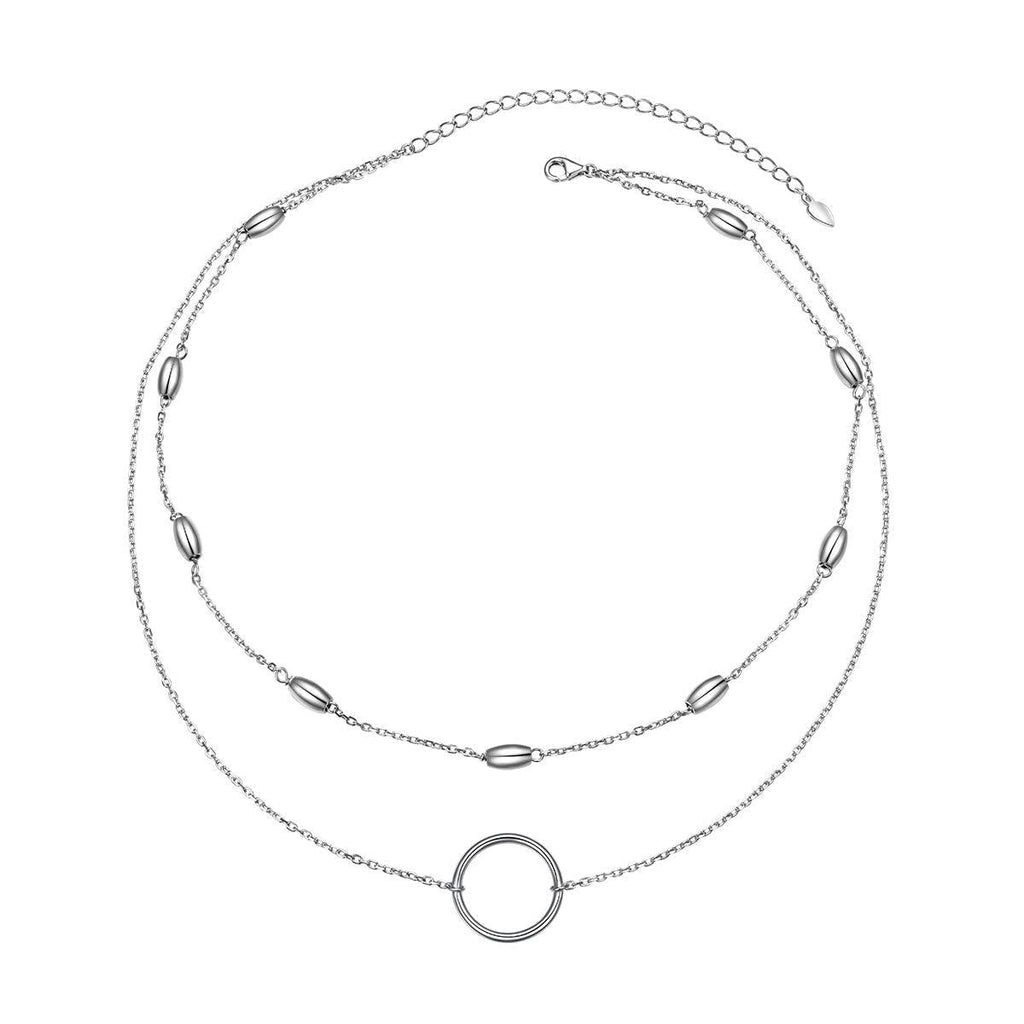 [Australia] - S925 Sterling Silver Layered Choker Jewelry Clavicle Double Short Chain Necklace Gift for Women Girls Oval Bead and Circle 