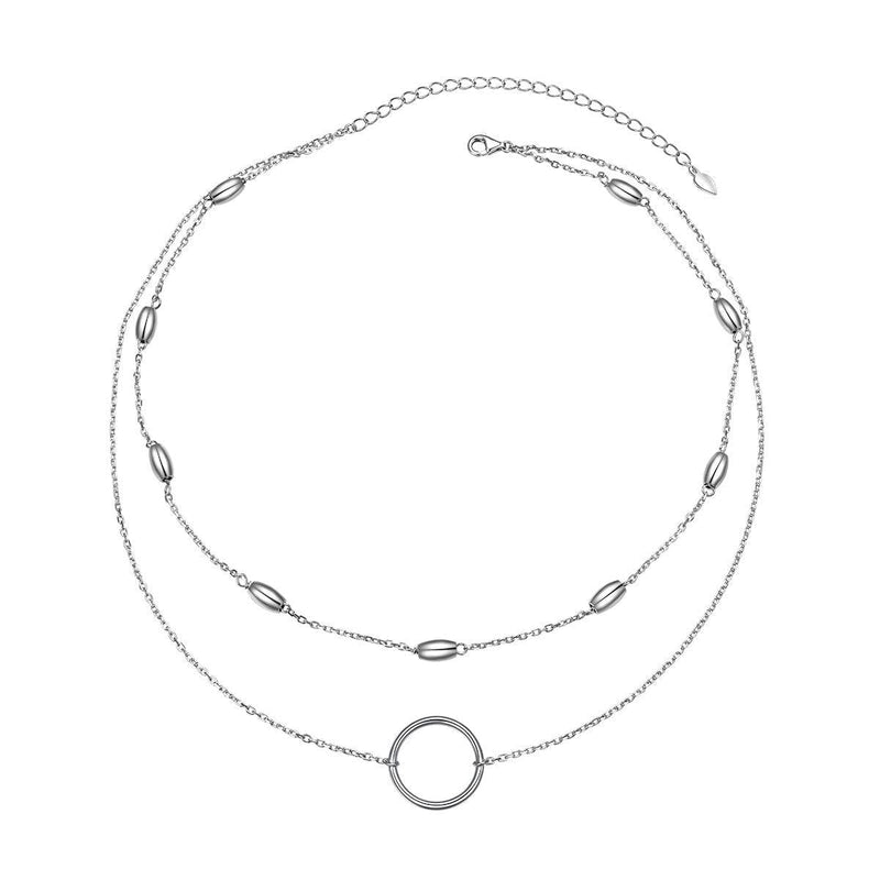 [Australia] - S925 Sterling Silver Layered Choker Jewelry Clavicle Double Short Chain Necklace Gift for Women Girls Oval Bead and Circle 