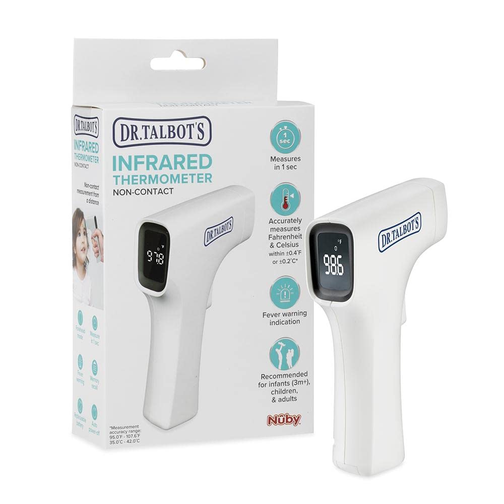 [Australia] - Nuby Dr. Talbot's Easy Handle Non-Contact Infrared Thermometer with Led Screen, Fever Warning Indicator, Accurate 1 S Reading for Baby, Kids, & Adults, White 