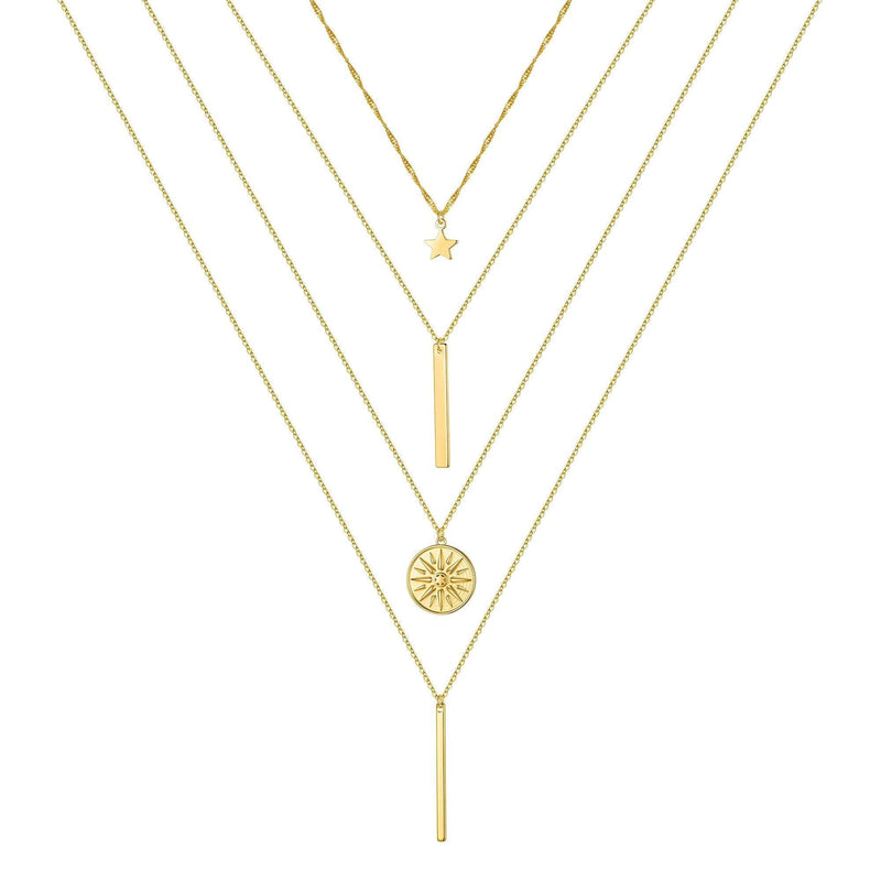 [Australia] - Turandoss Gold Layered Necklaces for Women - 14K Gold Plated Handmade Multilayer Bar Pearls Coin Disc Moon Butterfly Medallion Adjustable Dainty Layered Choker Necklaces for Women Jewelry 4 Layered Necklace - Star&Bar&Sun&Bar 