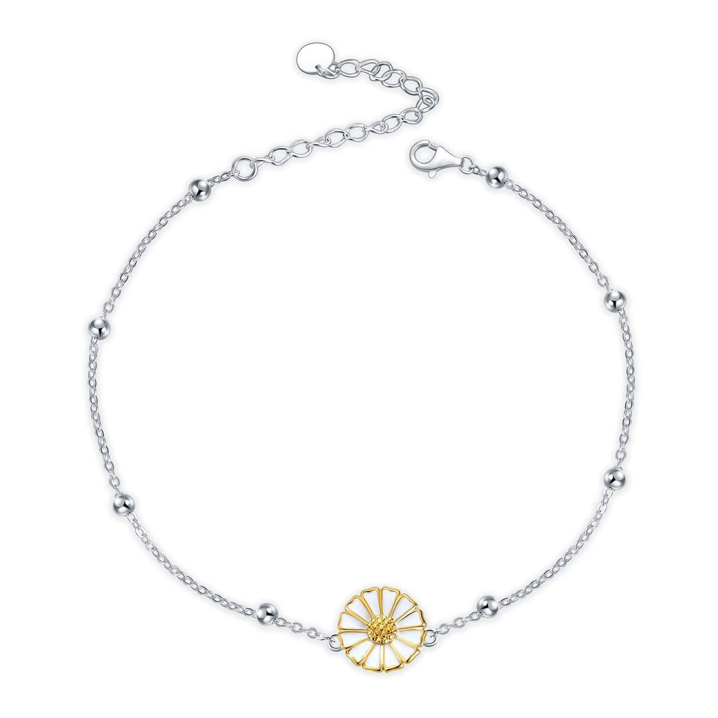 [Australia] - POPLYKE Sunflower/Daisy Flower Anklet for Women Sterling Silver Flower Adjustable Chain Foot Anklet Gifts for Girlfriend Daughter white and yellow 