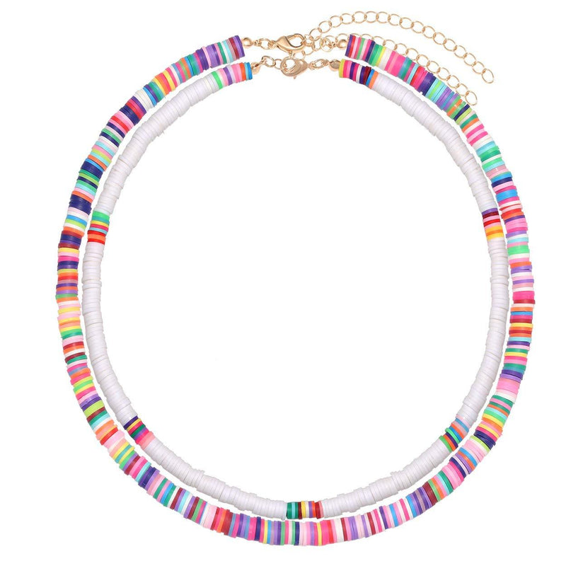 [Australia] - NVENF 2PCS Heishi Choker Necklaces for Women Rainbow African Vinyl Disc Bead Collar Necklace Handmade Summer Necklace Beach Jewelry Set Gifts for Vacation Birthday Parties A Rainbow+White 
