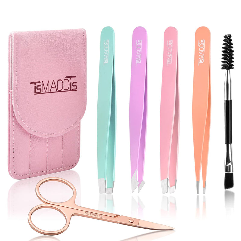 [Australia] - Eyebrow Tweezer Set, TsMADDTs 6 Pcs Tweezers Set for Women, Precision Tweezer for Eyebrows with Curved Scissors for Ingrown Hair, Hair Plucking Daily Beauty Tools with Leather Travel Case 