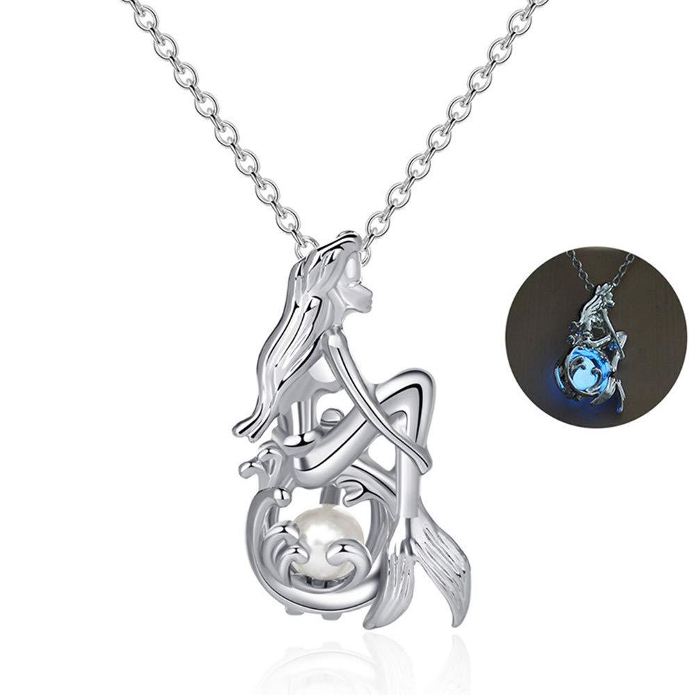 [Australia] - BQfife Mermaid Luminous Pendant Necklace statement Fluorescence Dainty Fish tail chain for Women Teen Girl Gift Jewelry Azure 