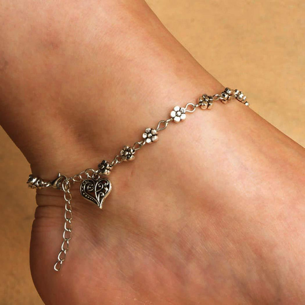 [Australia] - Sakytal Vintage Flower Anklet Hollowed- Out Heart Pendant Anklets Beach Foot Bracelet Jewelry for Women and Girls 