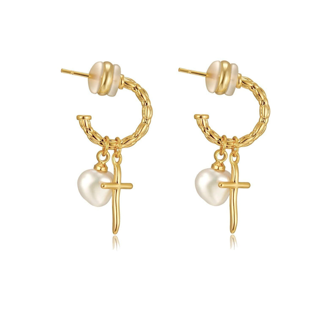 [Australia] - Cross Pendant Pearls Necklace Flowers Earrings Gold Plated for Woman Choker Casual Vacation Hangout… cross earrings 