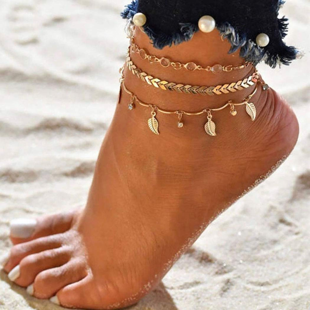 [Australia] - Jeairts Boho Leaves Pendant Anklet Gold Crystal Triple Layered Anklets Bracelets Fish Bone Beach Foot Chain Jewelry for Women and Girls 
