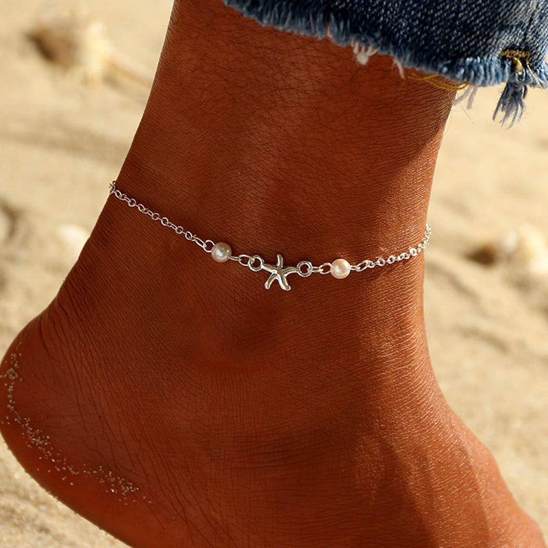 [Australia] - Dresbe Boho Anklet Silver Pearl Anklets Beach Starfish Ankle Bracelet Dainty Foot Jewelry Chain for Women and Girls 