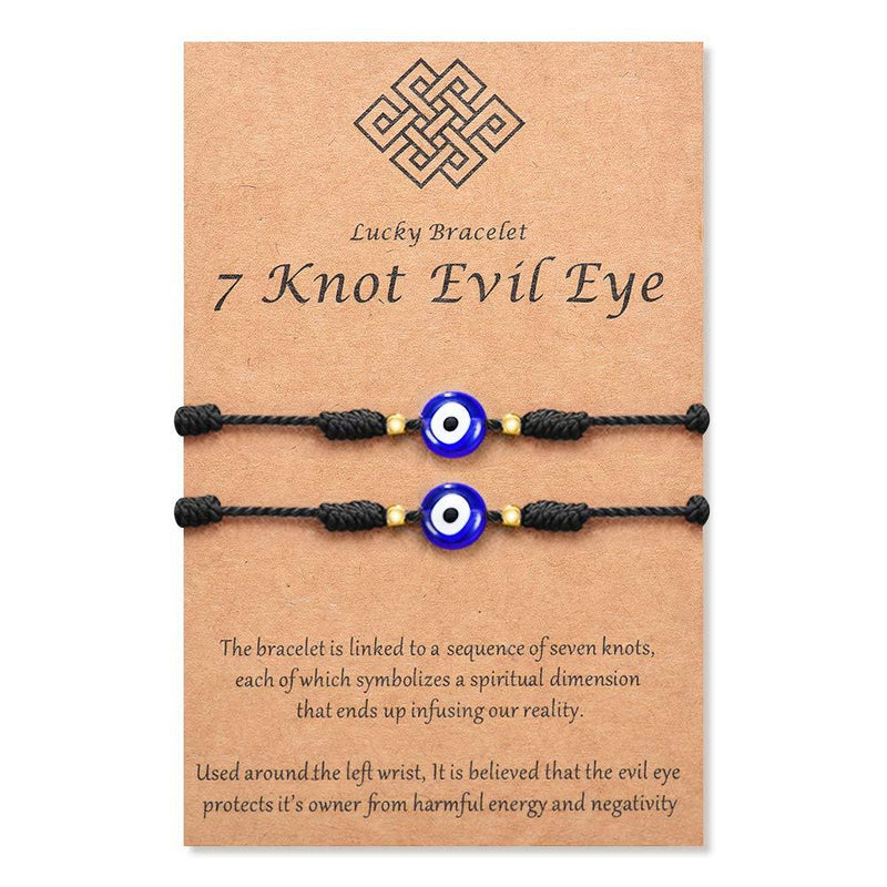 [Australia] - Tarsus Evil Eye 7 Knot Lucky Bracelets Adjustable Red String Amulet for Women Men Little Boys & Girls Black 2pcs 