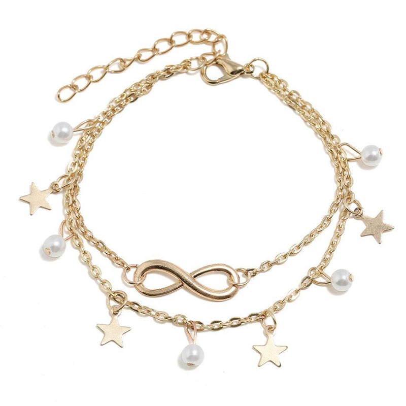 [Australia] - Ludress Boho Layered Anklets Gold Star Ankle Chain Pearl Ankle Bracelet Tassel Foot Chain Jewelry Accessories for Women and Girls 