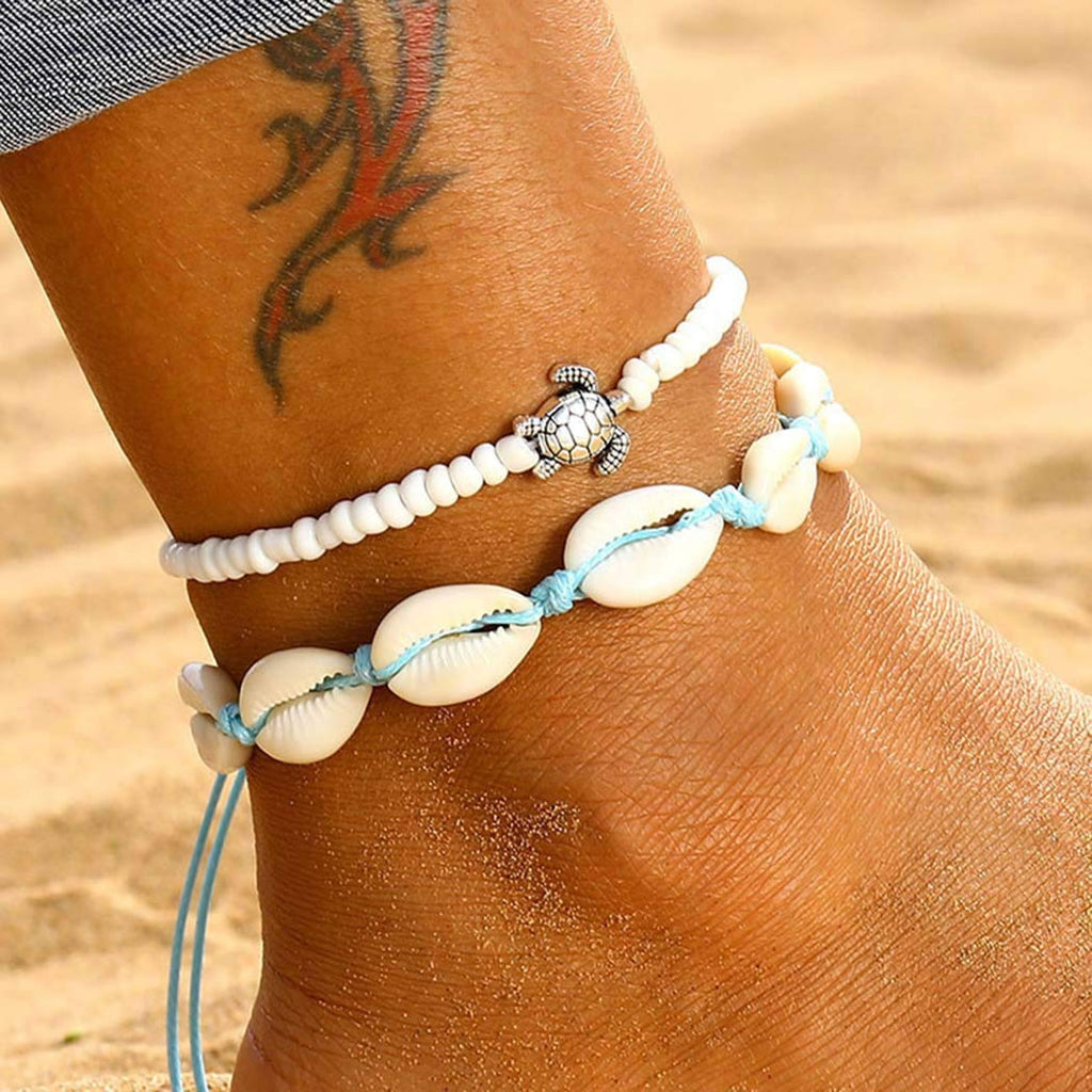 [Australia] - Casdre Retro Layered Anklets White Sea Turtle Beach Foot Chain Shell Adjustable Chain Foot Jewelry for Women and Girls 