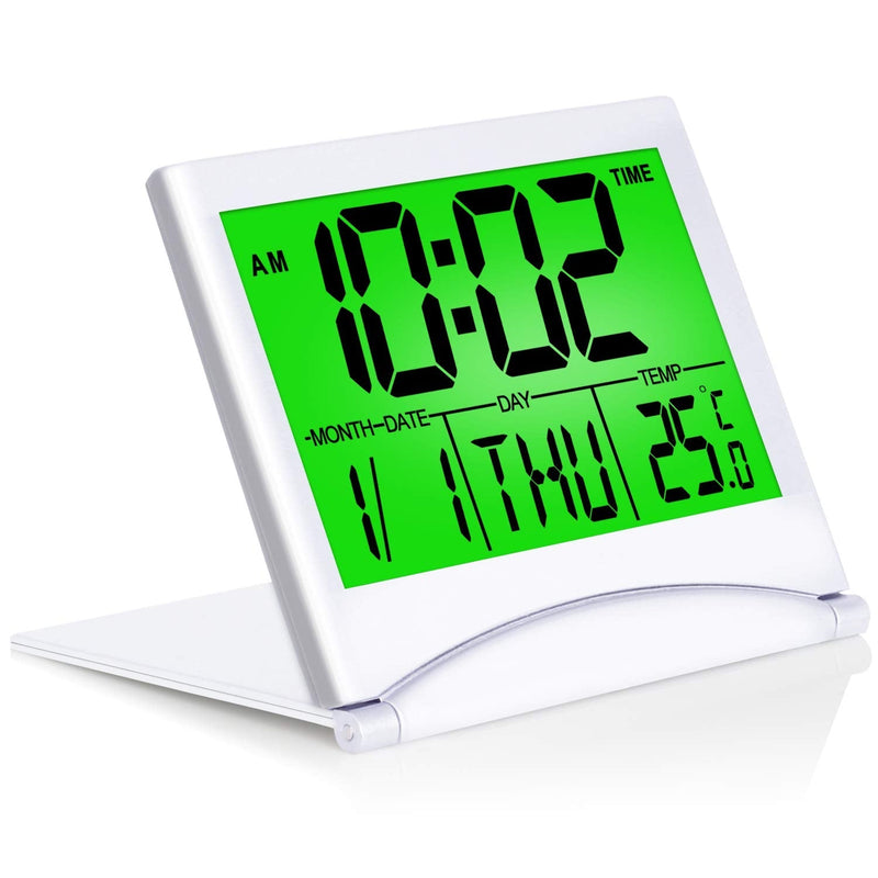[Australia] - Betus Digital Travel Alarm Clock with Backlight - Foldable Calendar Temperature Timer LCD Clock with Snooze Mode - Large Number Display, Battery Operated - Compact Desk Clock for All Ages (Silver) 