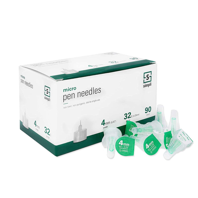 [Australia] - SIMPLI Insulin Pen Needles for at-Home Insulin Injections, Compatible with Most Diabetes Pens and Injection Devices, Size: Micro 4mm (5/32”) x 32G, 90 Count 