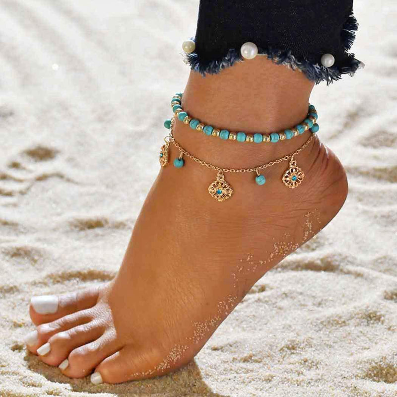 [Australia] - Twinklede Boho Beaded Ankle Bracelets Gold Layered Turquoise Anklets Flower Barefoot Sandals Anklet for Women and Girls 