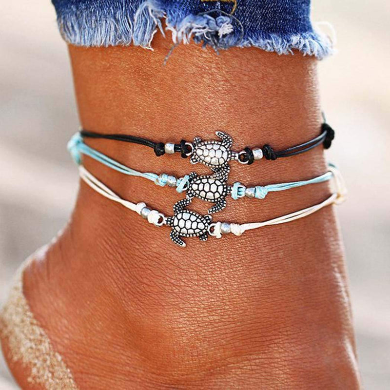 [Australia] - Casdre Boho Layered Anklets Black Sea Turtle Beach Foot Chain Wax Rope Bracelet Charm Adjustable Chain Foot Jewelry for Women and Girls 