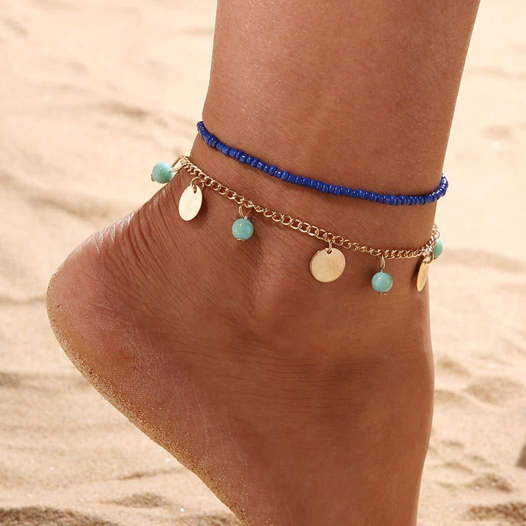 [Australia] - Reetan Boho Layered Barefoot Summer Beach Anklets Turquoise and Sequins Ankle Bracelet Adjustable Foot Jewelry for Women and Girls（2PCS） 