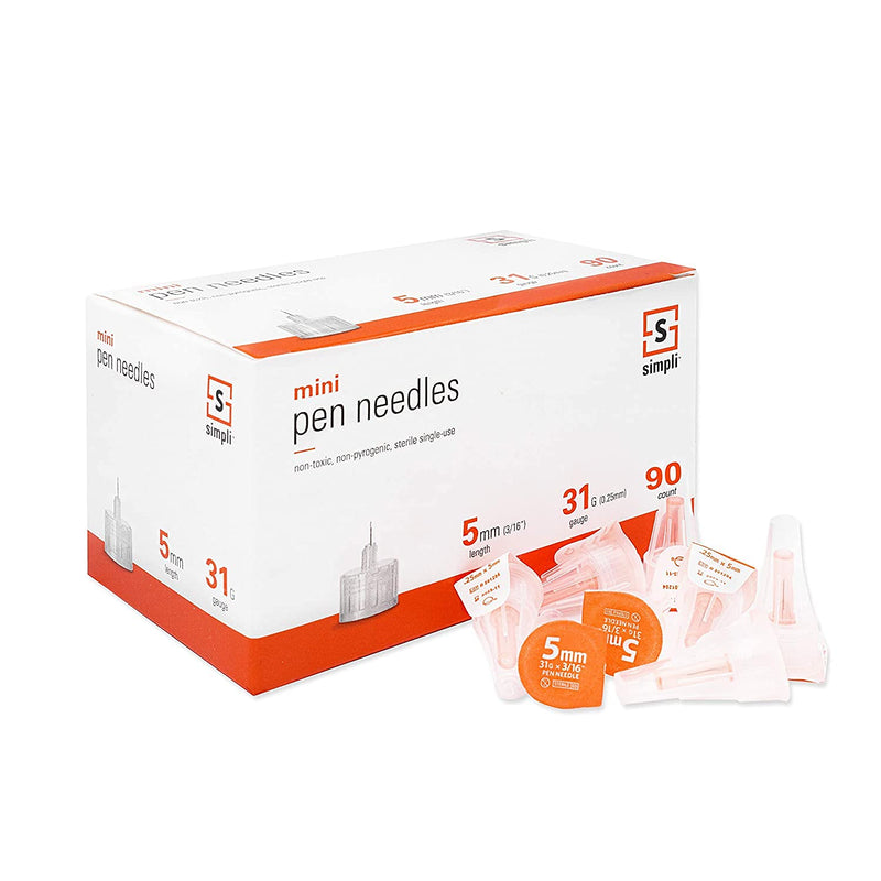 [Australia] - SIMPLI Insulin Pen Needles for at-Home Insulin Injections, Compatible with Most Diabetes Pens and Injection Devices, Size: Mini 5mm (3/16”) x 31G, 90 Count 