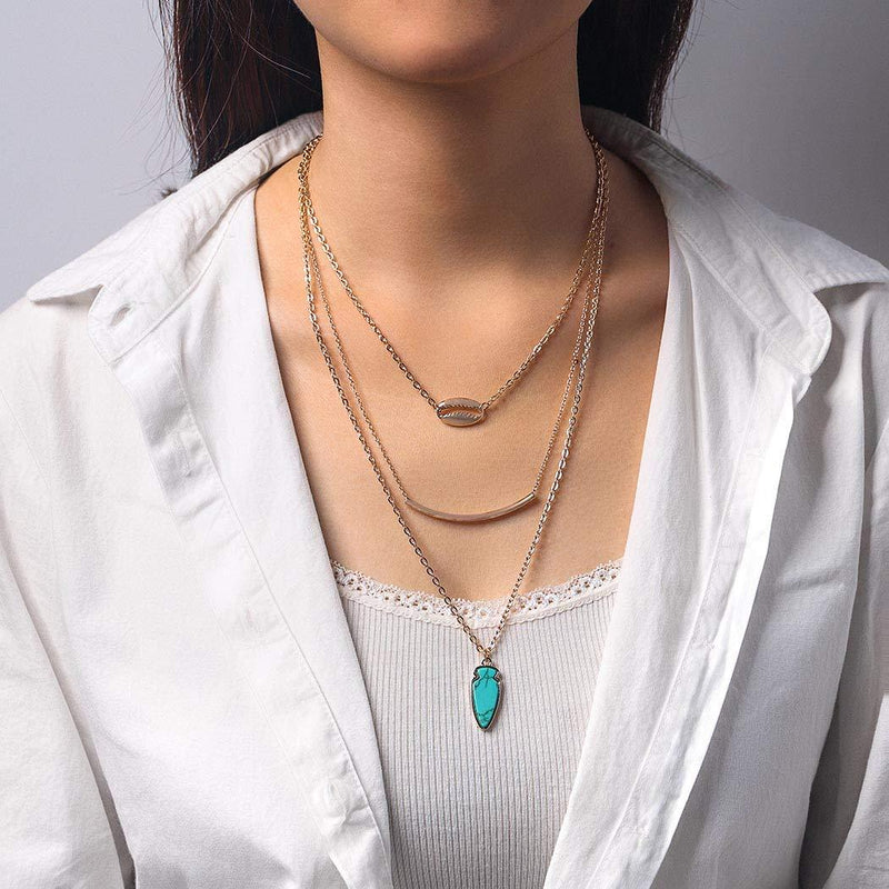 [Australia] - Ibliss Boho Layered Necklace Chain Gold Shell Bar Pendant Necklace Turquoise Beach Necklace Jewelry for Women and Girls 