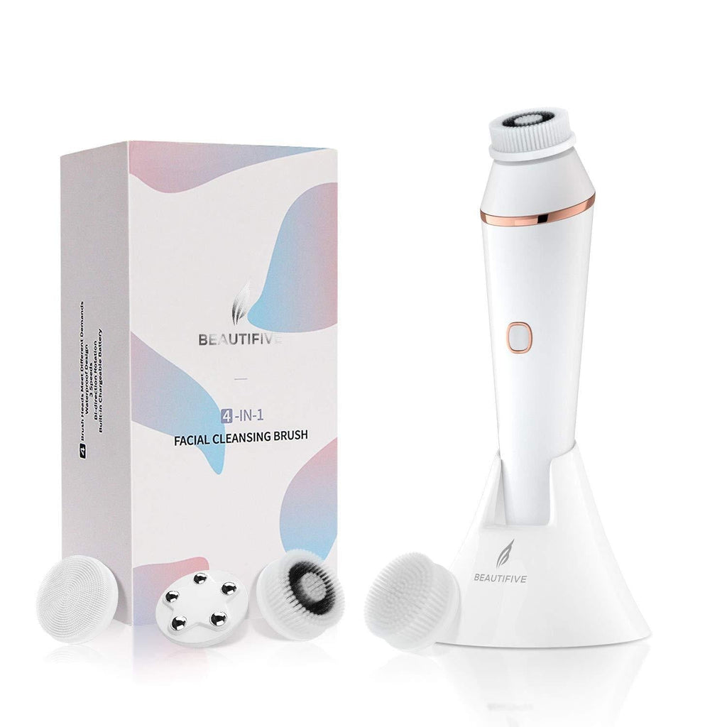 [Australia] - Beautifive Rechargeable Facial Cleansing Brush, Waterproof Facial Cleanser Brush Electric with 3 Speed, Face Spin Brush Set with 4 brush heads for Gentle Exfoliating, Deep Cleansing and Face Massage 