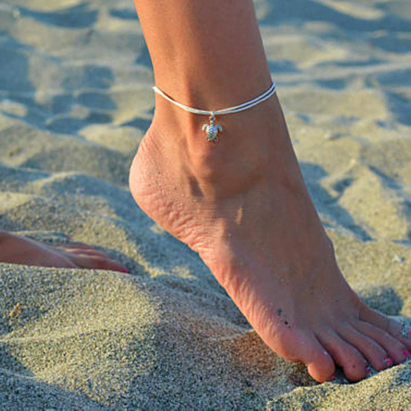 [Australia] - Jeweky Boho Double Layered Sea Turtle Anklets Silver Ankle Bracelets Rope Beach Foot Jewelry for Women and Girls 