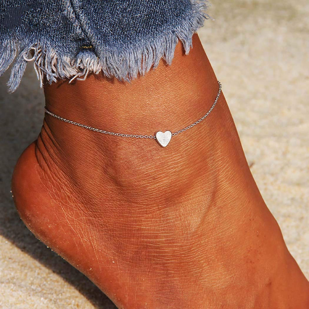[Australia] - Jeweky Boho Love Heart Anklets Chain Ankle Bracelets Beach Foot Jewelry for Women and Girls (Silver) 