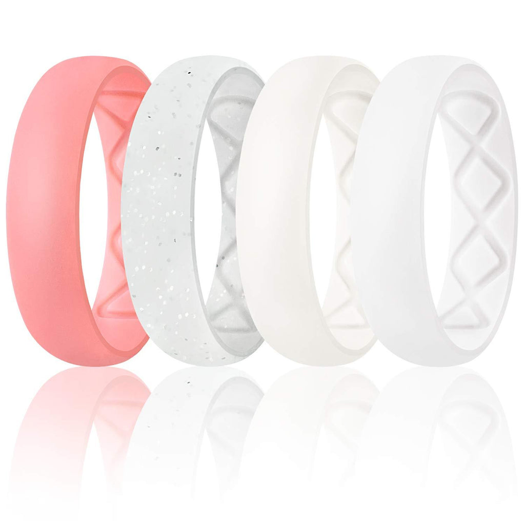 [Australia] - Egnaro Inner Arc Ergonomic Breathable Design, Silicone Rings for Women with Half Sizes, Women's Silicone Wedding Band, 6mm Wide - 2mm Thick SETB-Faint Red, White Silver Glitter, Ivory, White 3.5(14.8mm) 