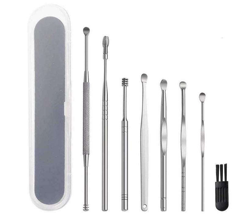 [Australia] - 8 Pcs Ear Pick Earwax Removal Kit, Ear Cleaner Tool Set for Humans Kids Adults, Stainless Steel Ear Curette Digger & Tweezers & Spiral Spring Ear Spoon Set with Cleaning Brush and Storage Box 