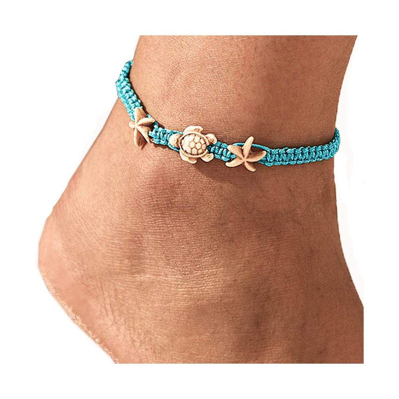 [Australia] - Yokawe Boho Turtle Ankle Bracelets Blue Starfish Anklet Summer Beach Barefoot Sandals Foot Jewelry for Women and Teen Girls 