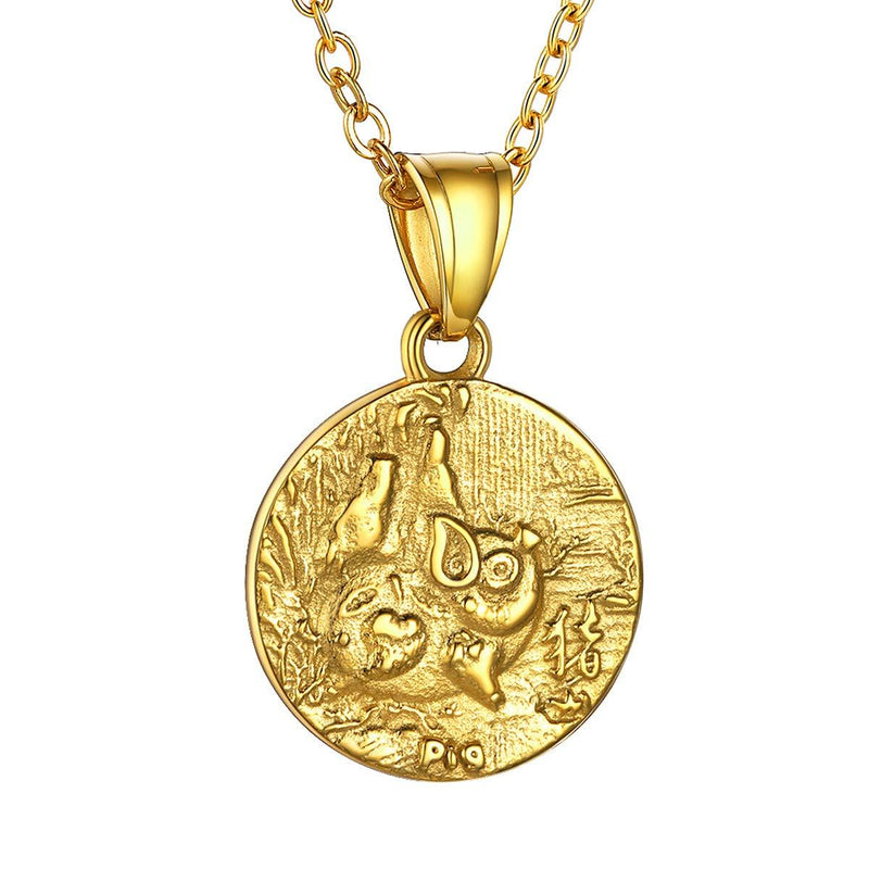 [Australia] - GoldChic Chinese Zodiac Coin Necklace, 18K Gold Plated Round Disc Handmade Animal Pendant Amulet Lucky Charm Necklace for Women/Girl, Birthday Gift (with Gift Box) Pig no personalization 