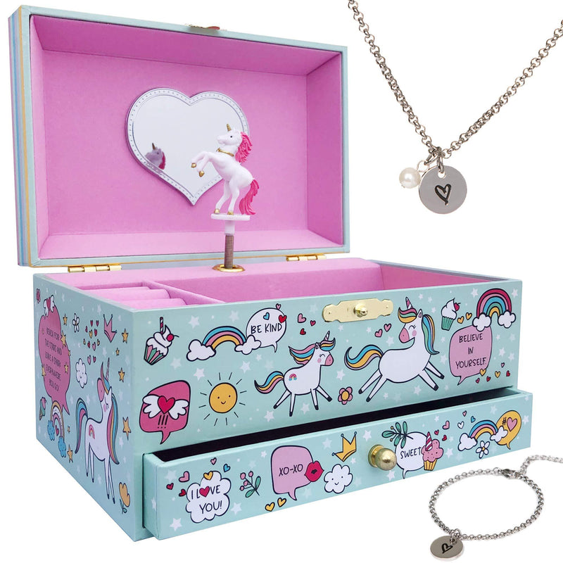 [Australia] - Musical Unicorn Jewelry Box for Girls - Kids Music Box Jewelry Organizer with Drawer Plays You Are My Sunshine with Heart Necklace and Bracelet Set - Girls Jewelry Box - Unicorn Music Boxes for Girls 