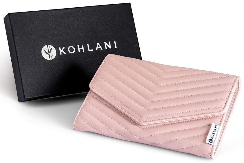 [Australia] - Kohlani Travel Jewelry Organizer Wallet - Soft Pink Faux Leather Holder for Accessories Storage Case Roll for Earrings, Necklaces, Rings, Bracelets and Watches 